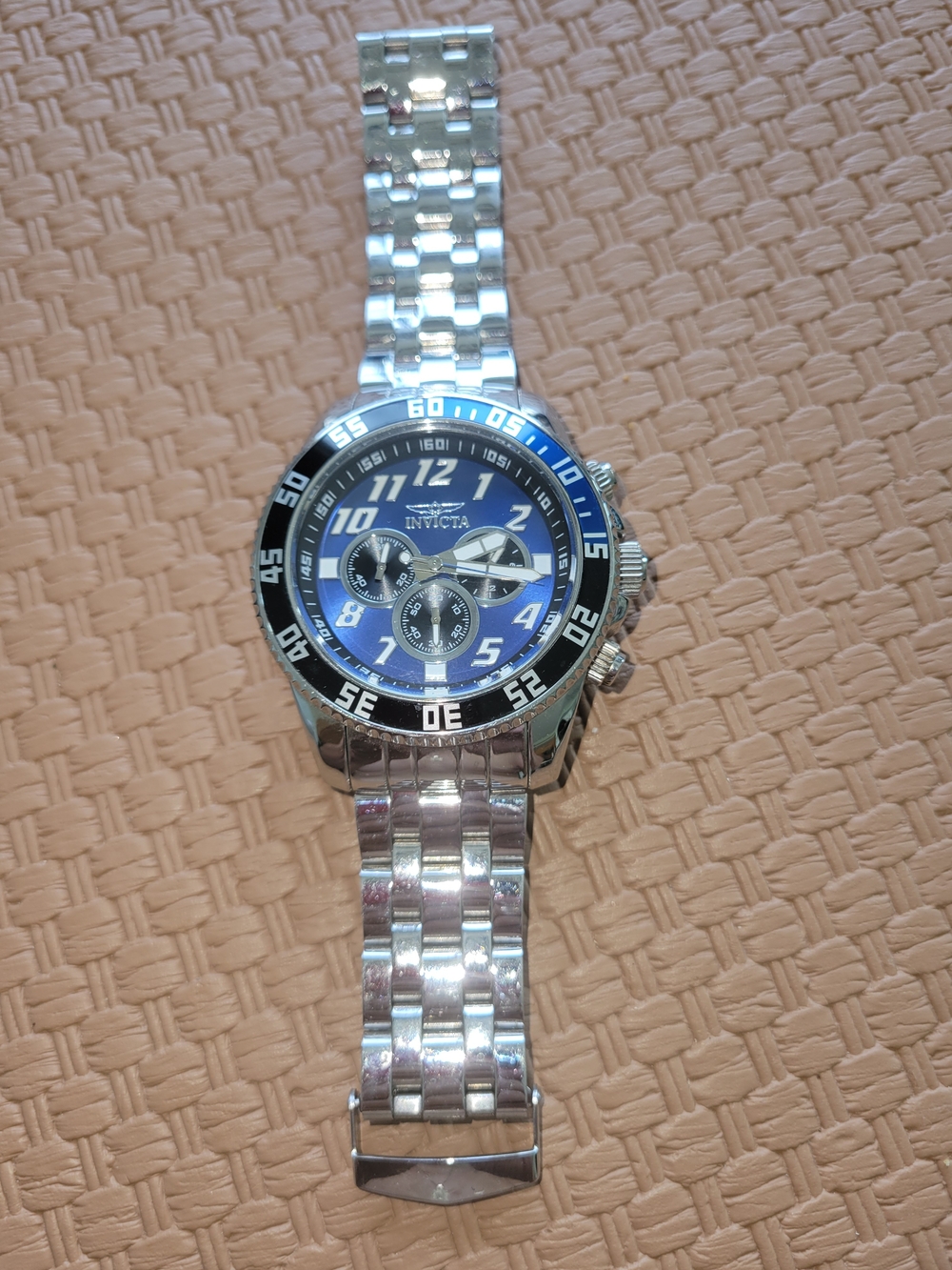 Invicta Blue Dial Chronograph with Silver Bracelet and Black Bezel